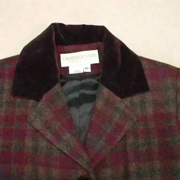 VINTAGE Crosscountry Petites Plaid Equestrian Wool Blazer Velvet Collar Women 4P - Picture 3 of 10